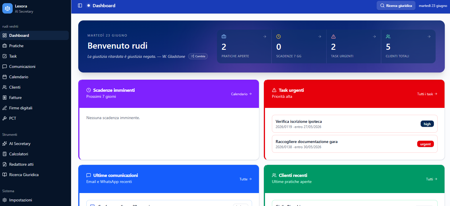 Dashboard di Lexora — riepilogo pratiche, scadenze e task urgenti