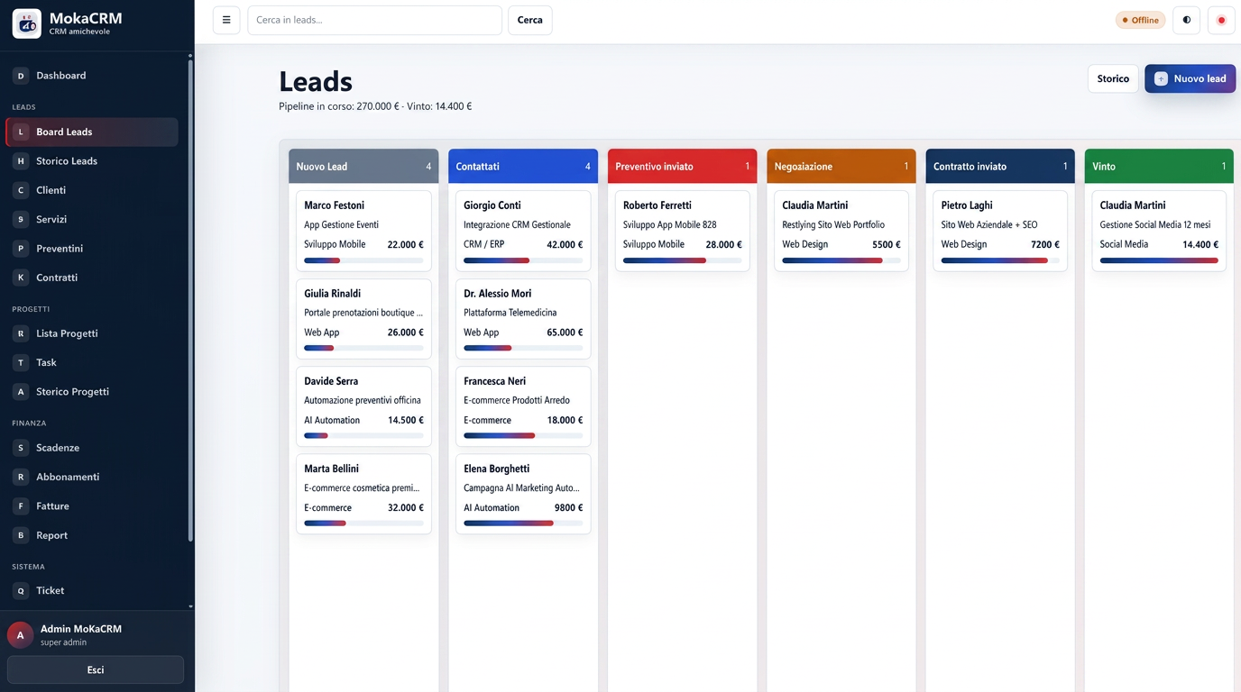 Board Leads di MokaCRM — pipeline Kanban con sei fasi commerciali