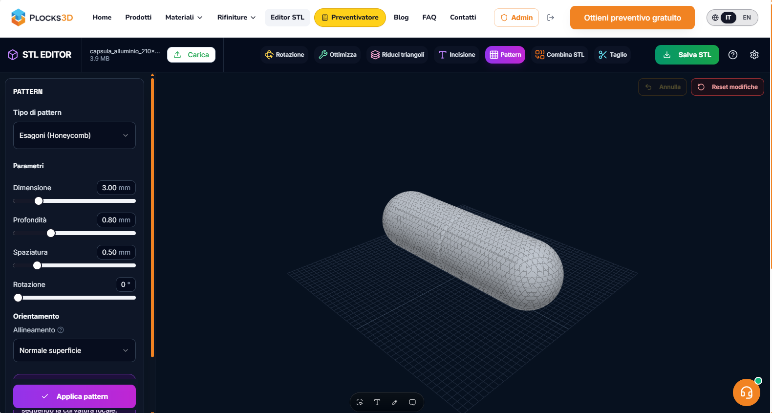 Editor STL di Plocks3D — applicazione di pattern su mesh 3D nel browser